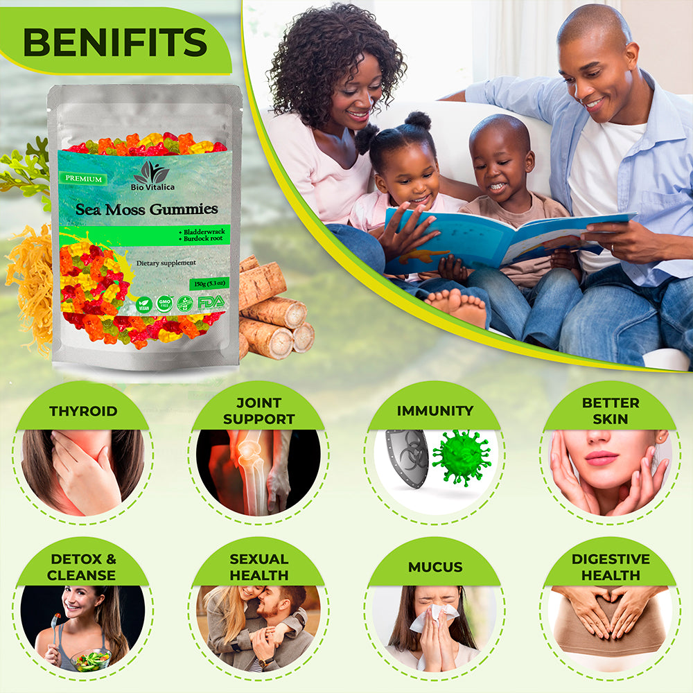 Sea Moss Gummies by BIO VITALICA with Burdock root Bladderwrack - Wildcrafted Sea Moss Gel & Powder