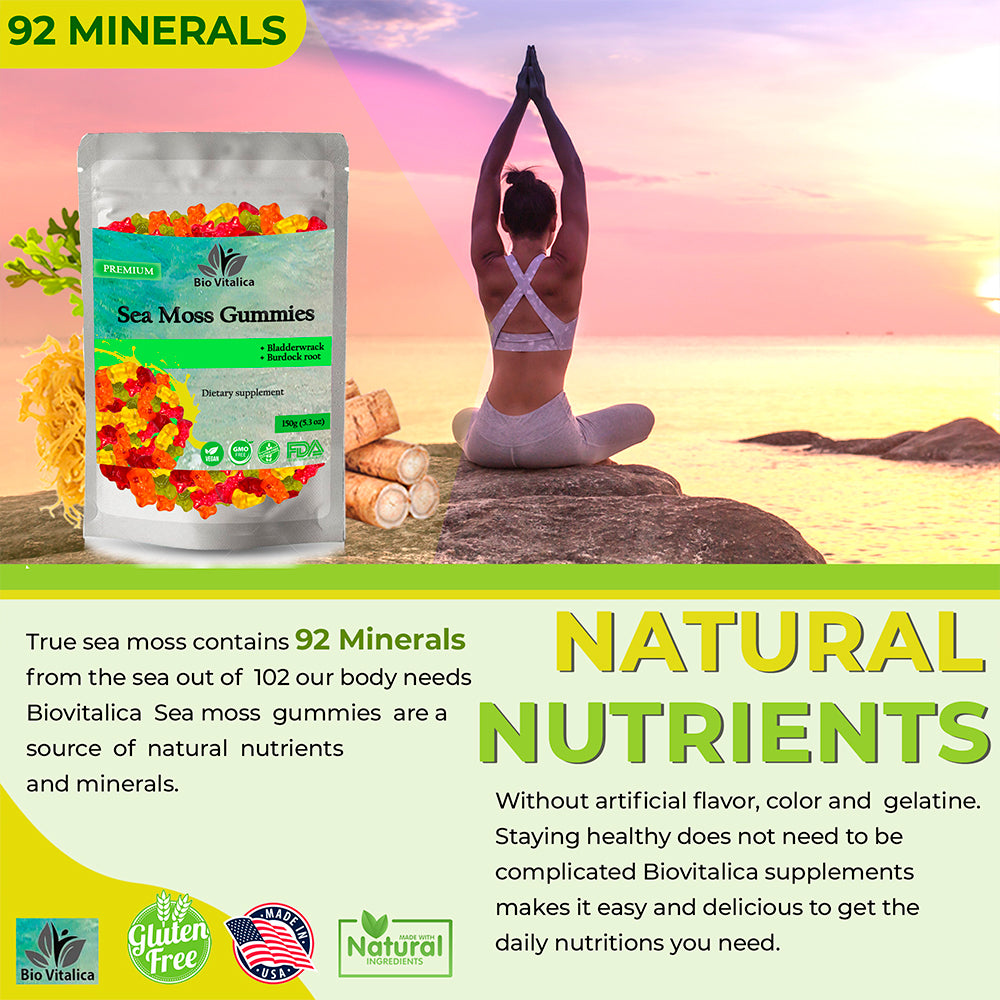 Sea Moss Gummies by BIO VITALICA with Burdock root Bladderwrack - Wildcrafted Sea Moss Gel & Powder