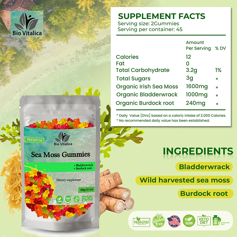 Sea Moss Gummies by BIO VITALICA with Burdock root Bladderwrack - Wildcrafted Sea Moss Gel & Powder